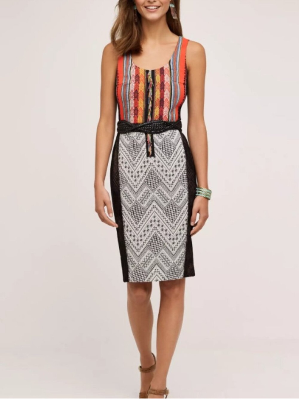 Byron Lars Multicolor Woven Bodice Colorful Bead Fringe Lace Patchwork Dress 6